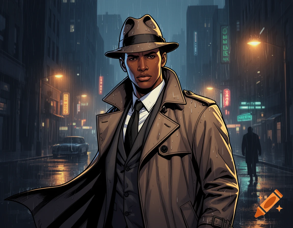 A comic book style illustration of a detective in a trench coat and fedora standing on a rainy city street at night.