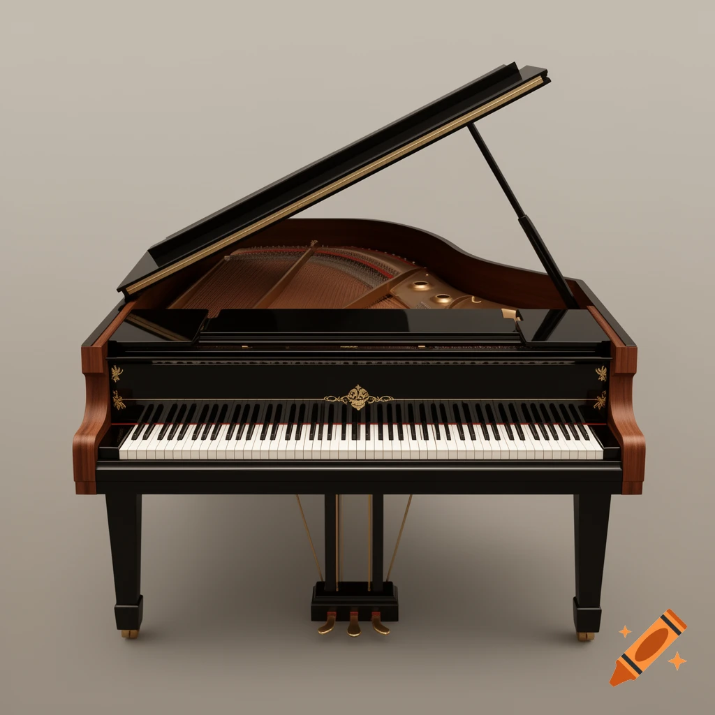 A glossy black grand piano with its lid open, revealing the keys and internal strings, set against a plain light gray background.