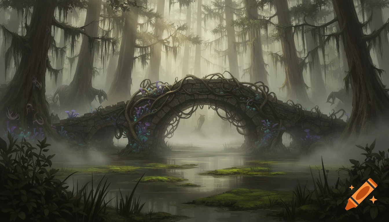 A mystical swamp landscape featuring a stone bridge covered in vines and glowing purple mushrooms, enveloped in mist.