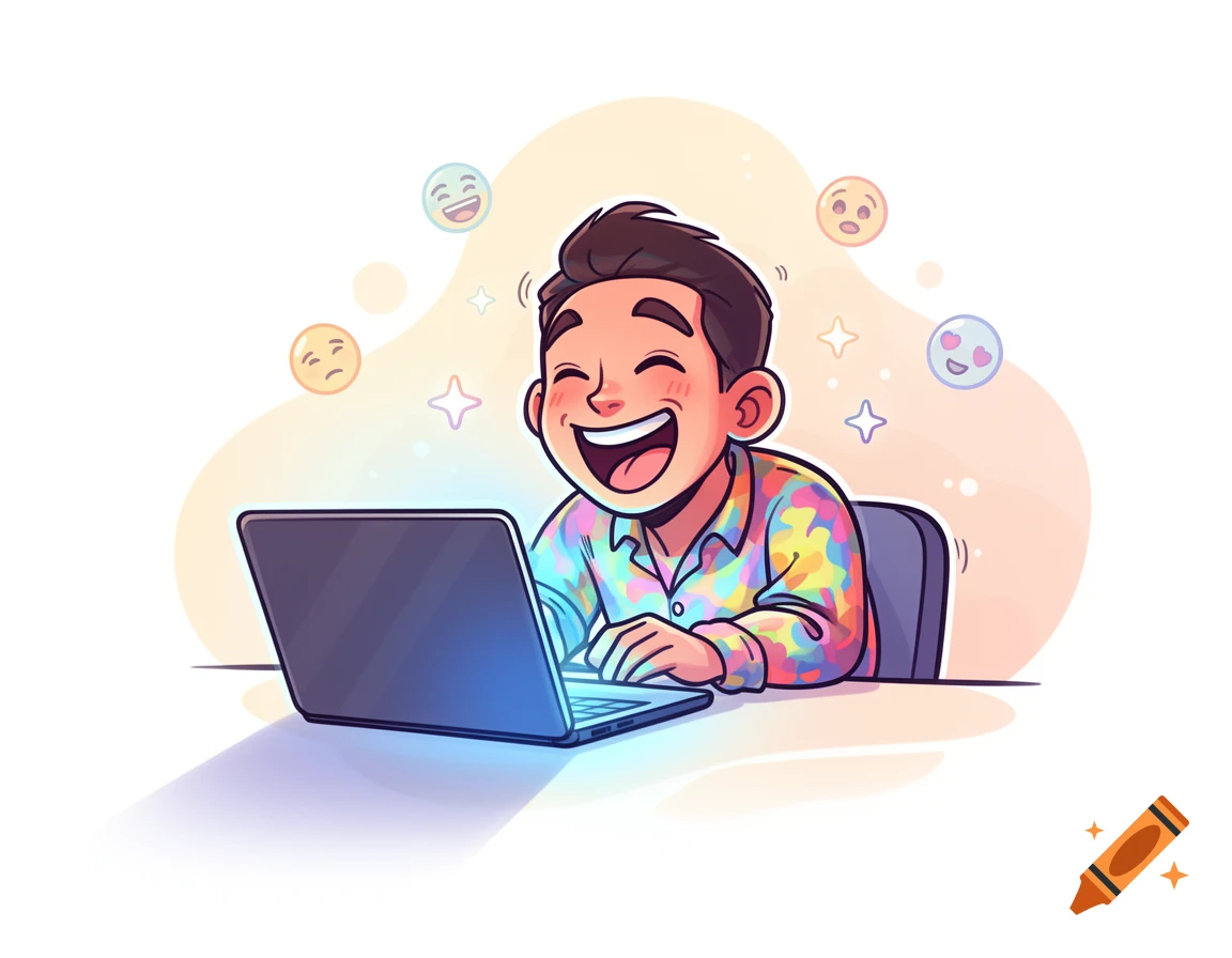 cartoon-of-a-person-in-a-colorful-shirt-laughing-behind-a-laptop