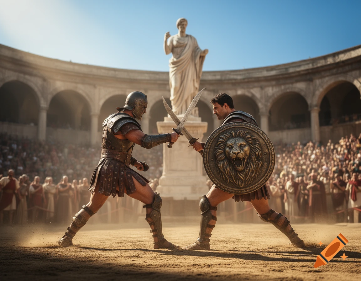 Two gladiators in armor fight with swords and shields in a dusty Roman arena packed with cheering spectators under a clear blue sky.