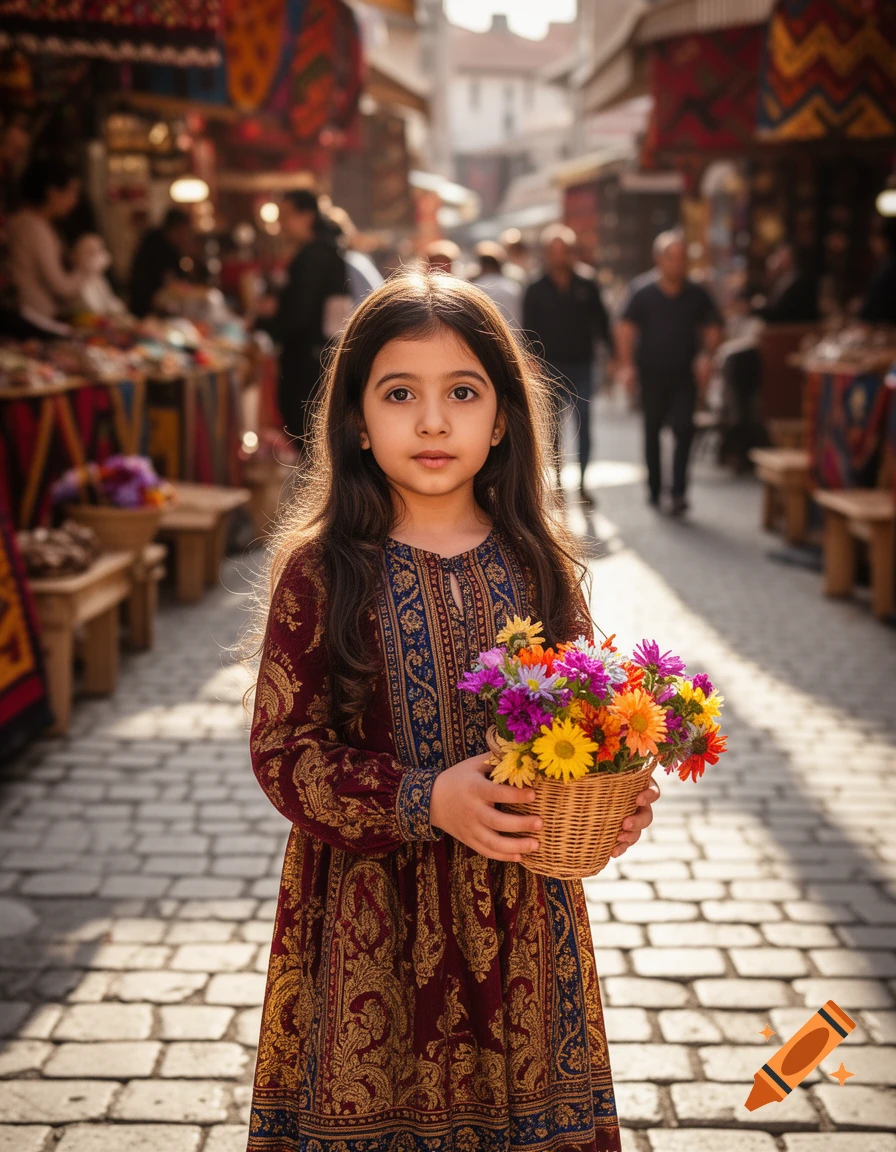 A young girl in a traditional patterned dress holds a basket of colorful flowers in a bustling market street.