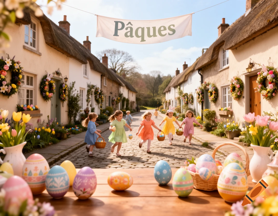 Children run with baskets down a cobblestone street in an Easter-decorated village, with colorful eggs in the foreground.