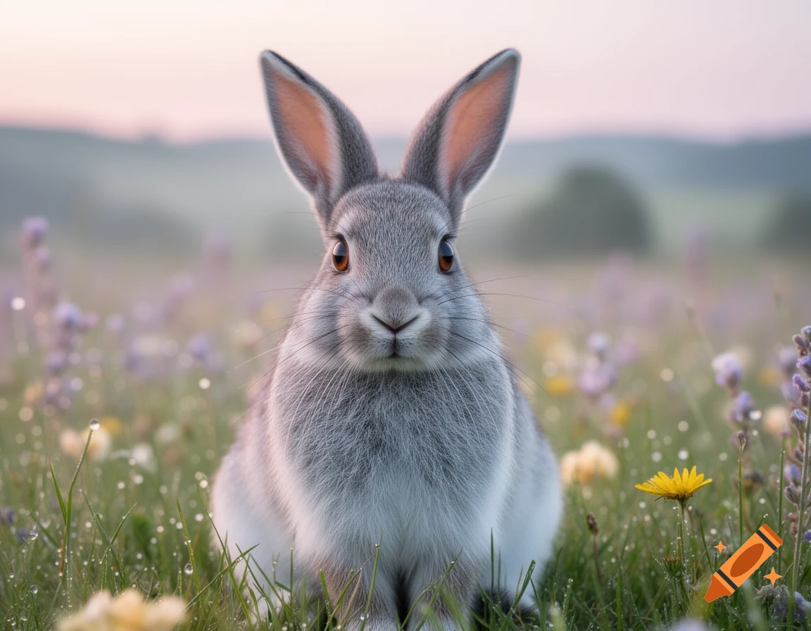 A photorealistic grey rabbit with large ears and brown eyes sits in a dewy field of green grass and colorful wildflowers under a soft, light pink sky.