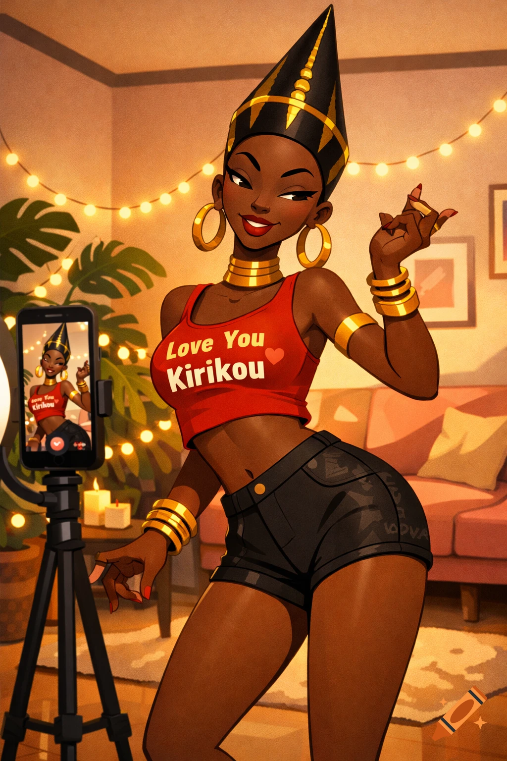 A stylized woman with dark skin, wearing a tall black and gold headdress, a red crop top with "Love You Kirikou" text, gold jewelry, and black shorts, poses for a phone on a tripod in a cozy, warm-lit room.
