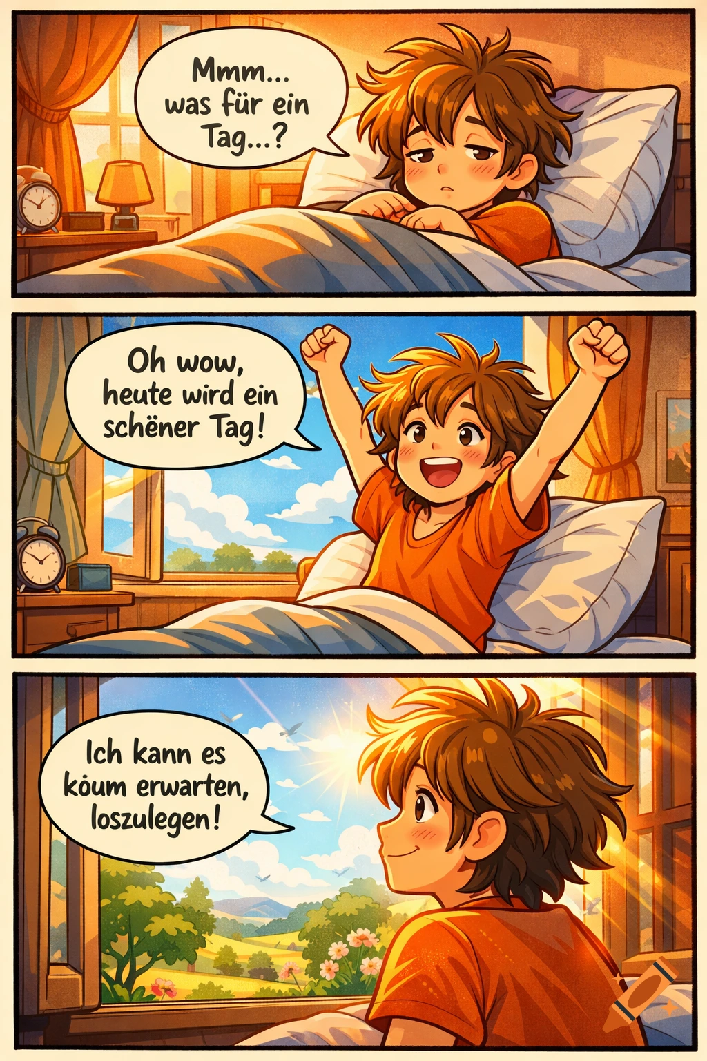 A three-panel anime comic shows a boy waking up tired, then stretching happily, and finally looking out the window at a sunny landscape, excited for the day.