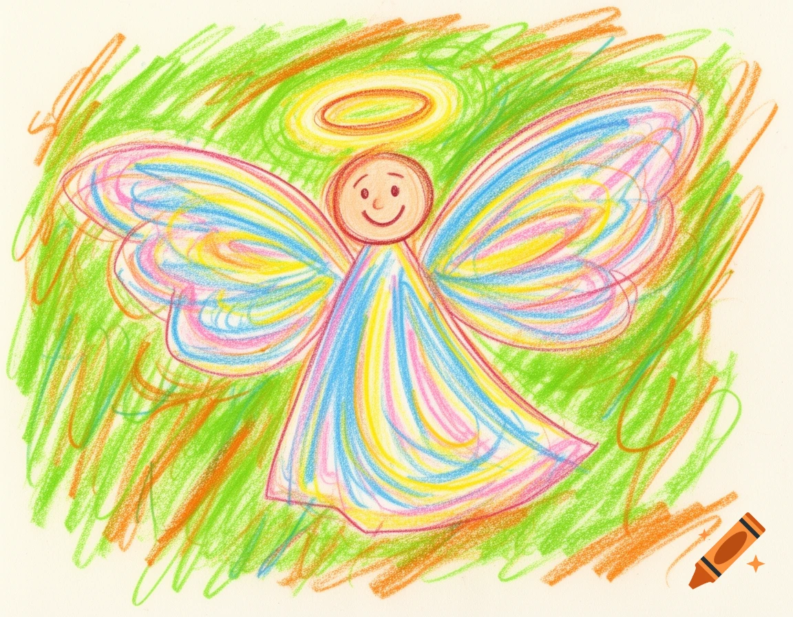 A colorful crayon drawing of a smiling angel with rainbow wings and a halo, against a scribbled green and orange background.