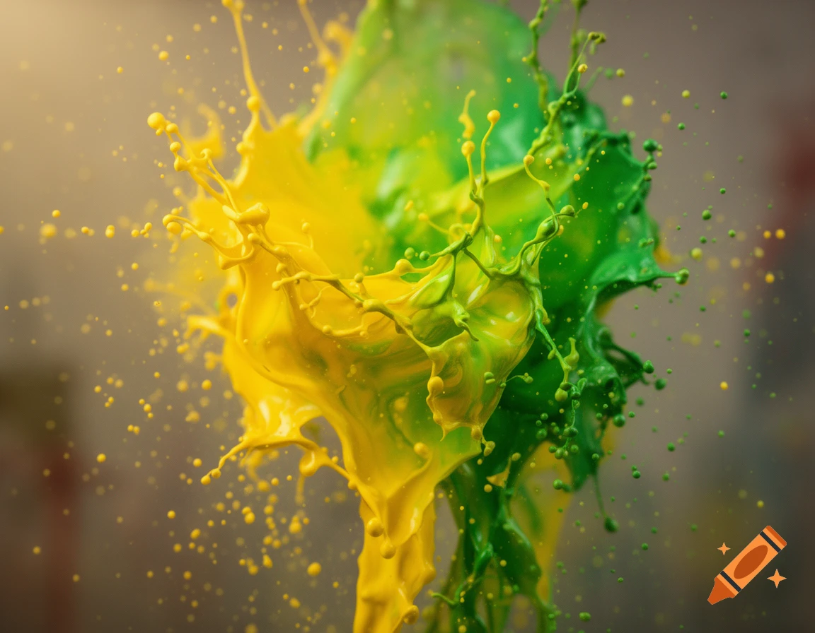 Vibrant yellow and green liquids collide, creating a dynamic splash with numerous droplets suspended in the air.