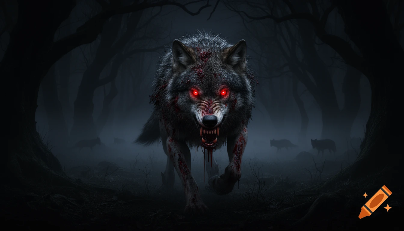 Photorealistic, blood-stained wolf with glowing red eyes and bared fangs stalks through a dark, foggy forest at night.