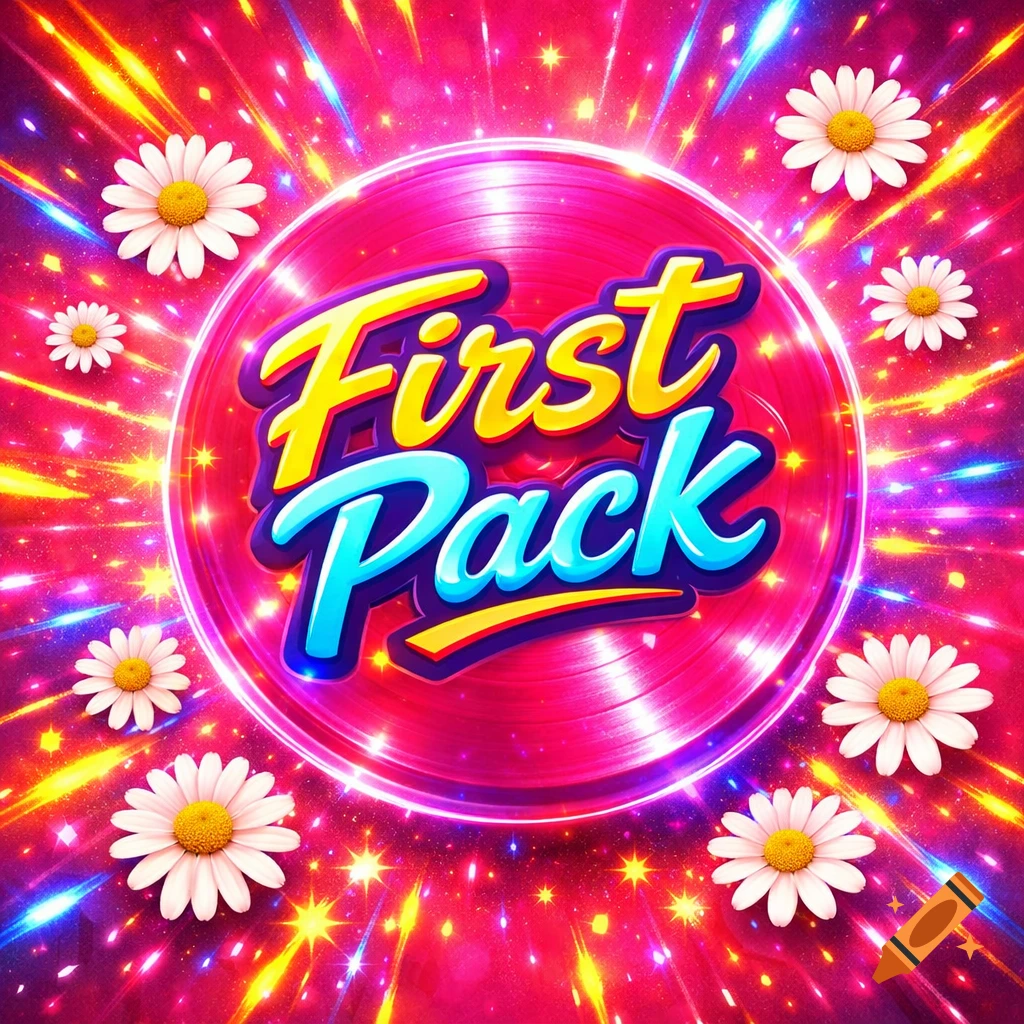 A vibrant music album cover featuring a glowing pink disc with 'First Pack' in funky text, surrounded by daisies and sparkling light.
