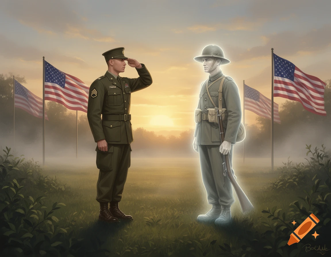 A U.S. Army soldier salutes a translucent World War I soldier's spirit in a foggy field with American flags at sunset.
