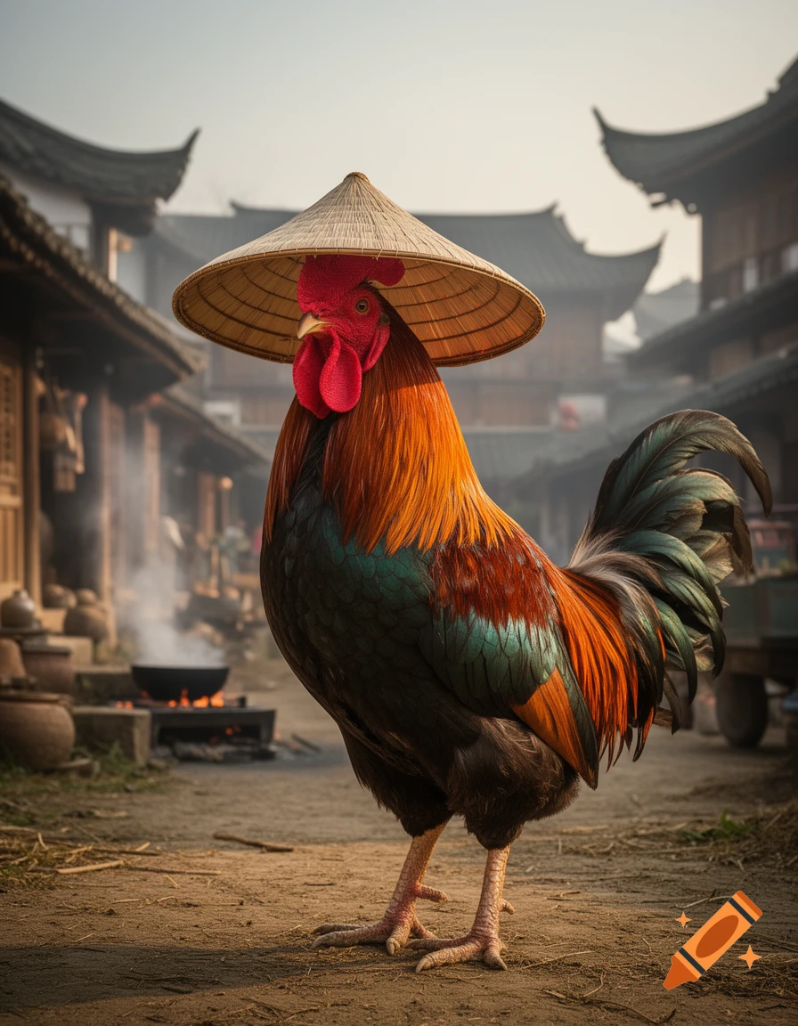 A proud rooster wearing a conical Asian hat stands in the dusty street of a traditional Asian village.