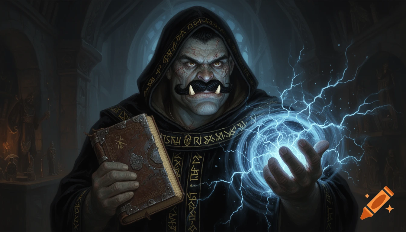 A detailed fantasy illustration of an orc wizard with a waxed mustache and tusks, holding an ancient book and casting an electric spell.