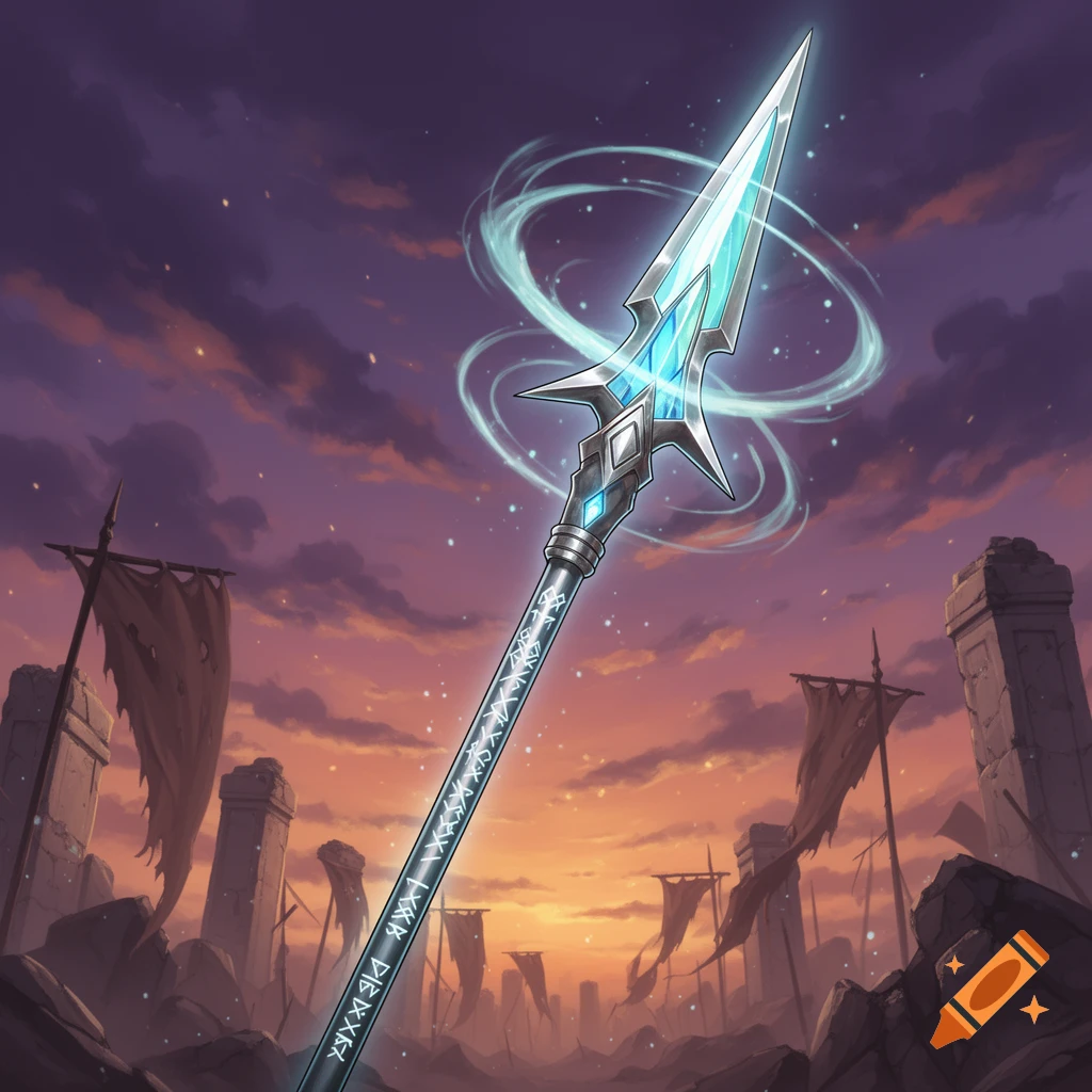 A glowing blue and silver spear with runes on its shaft stands in a ruined landscape under a vibrant sunset sky, in an anime art style.
