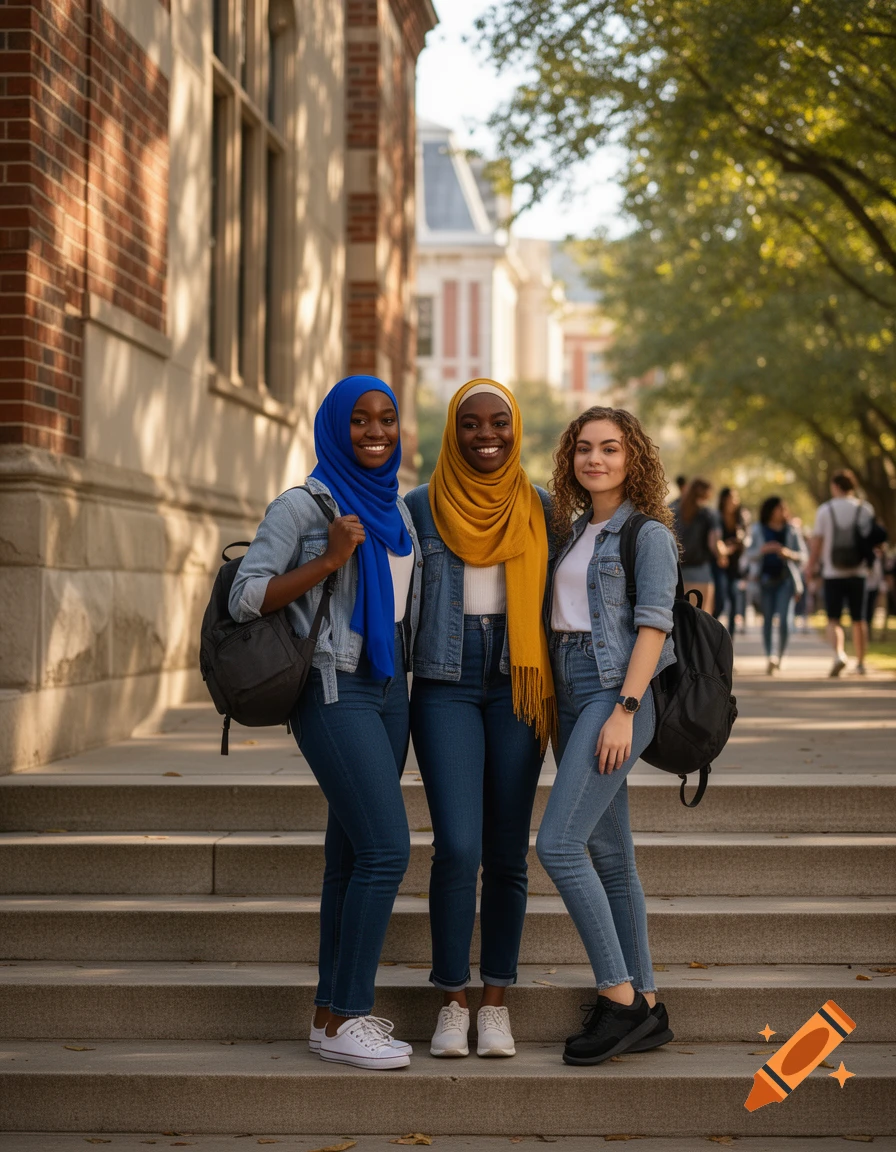 Three smiling young women, two in hijabs, stand on outdoor steps of a sunny college campus, wearing denim and backpacks.