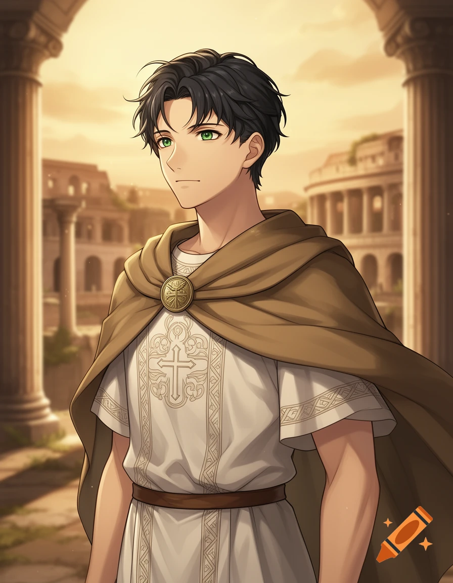 An anime-style man in a white tunic with a cross design and a brown cloak, stands in ancient Roman ruins.
