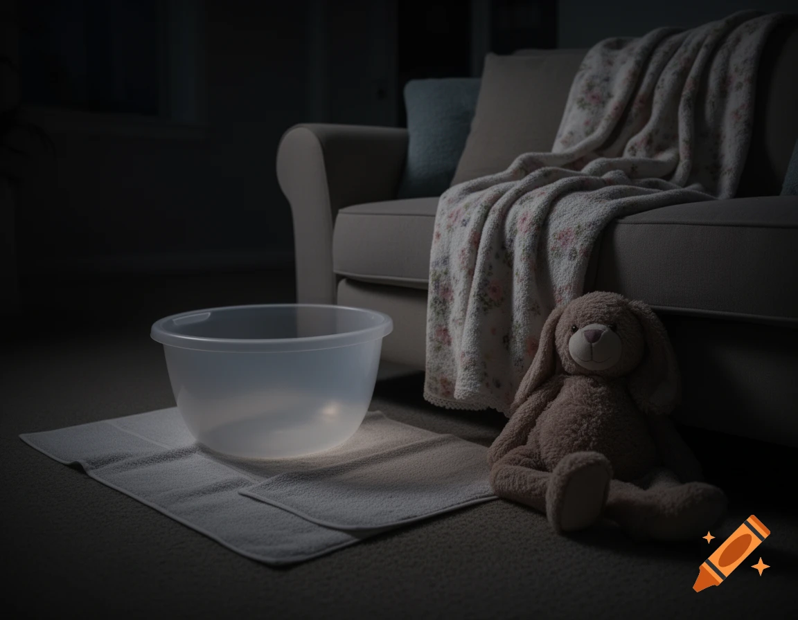 A clear plastic bowl on white towels on the floor next to a couch with a floral blanket and a stuffed bunny in a dimly lit room.