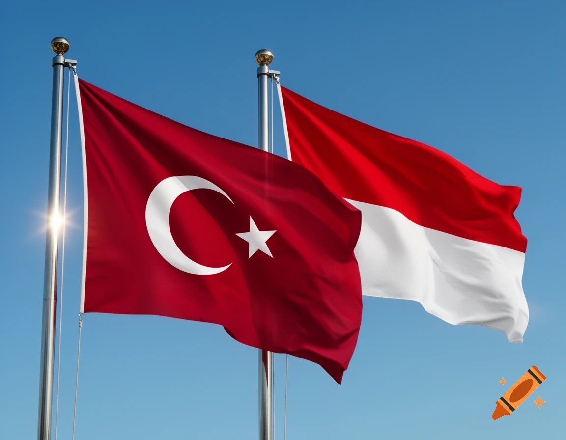 Two flags, one red with a white crescent and star (Turkey), and another red and white (Monaco), waving against a clear blue sky.