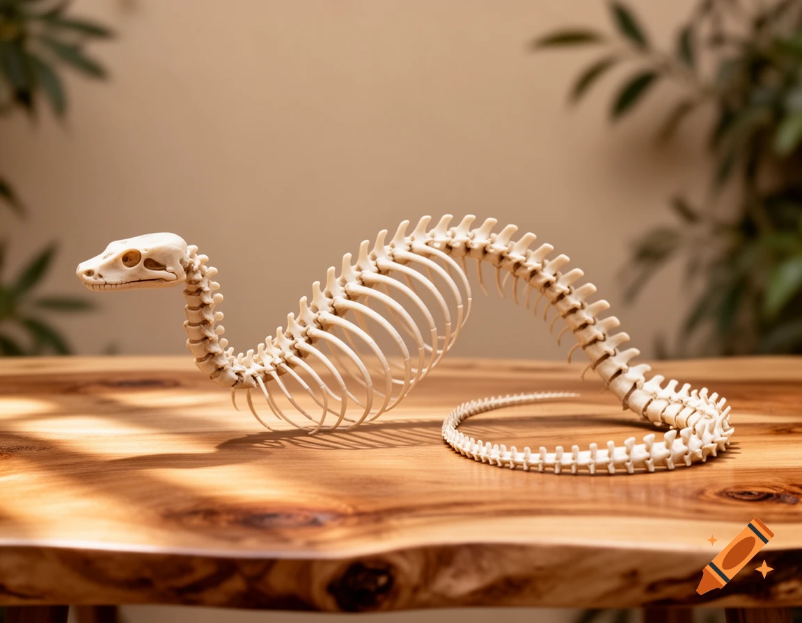 A photorealistic snake skeleton rests on a light wooden table, with blurred green foliage in the background.