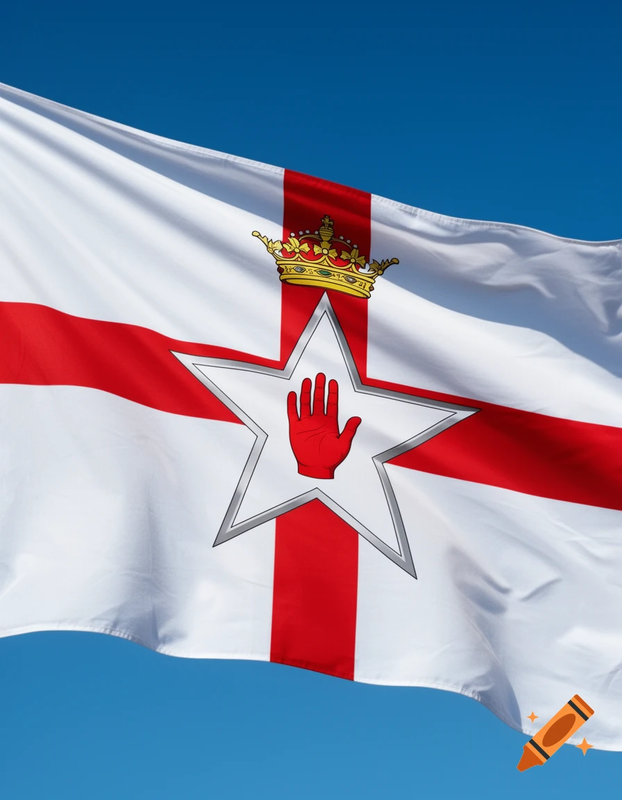 The Northern Ireland flag, featuring a red cross on a white field, a white star, and a red hand, waves against a clear blue sky.