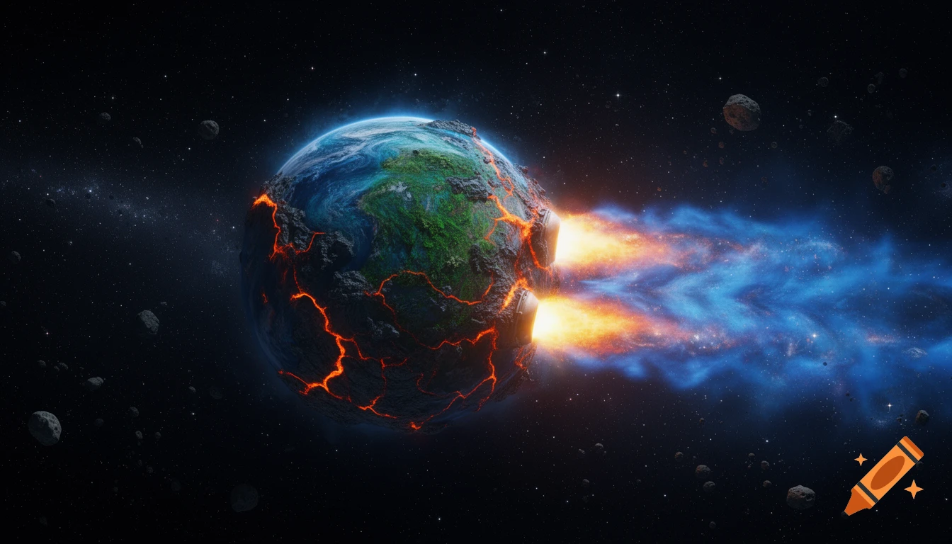 A vibrant planet, cracked with glowing lava, propels through deep space with fiery afterburners, surrounded by asteroids and stars.