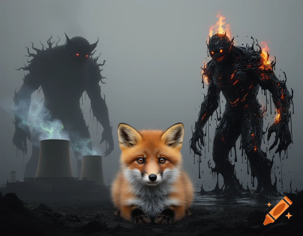 A small, cute fox sits centered between two monstrous figures, one smoky near cooling towers and one fiery and tar-like, in a misty, dark, polluted landscape.