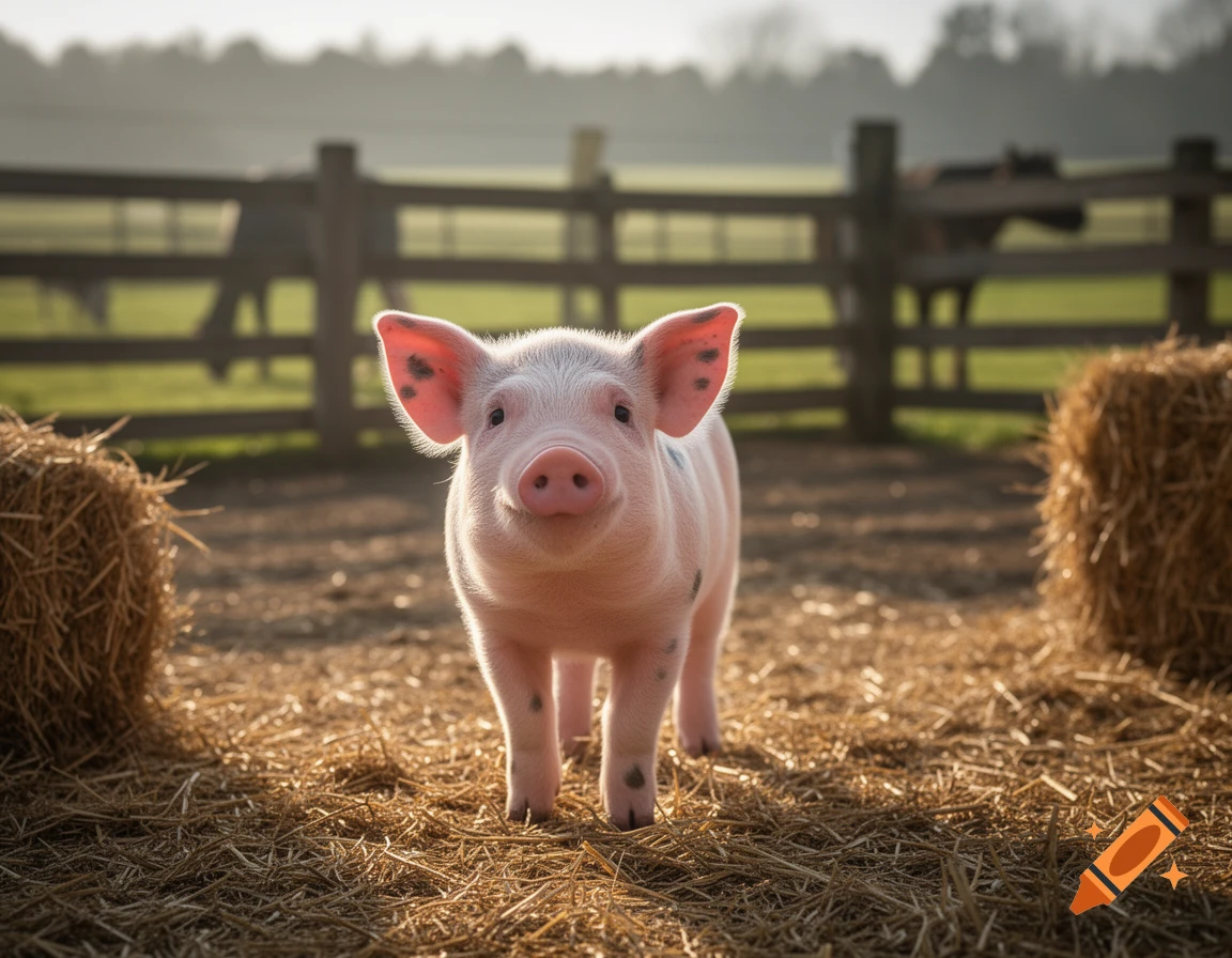 A cute piglet stands in a sunny farmyard covered in hay, with a wooden fence and distant horses in the background.