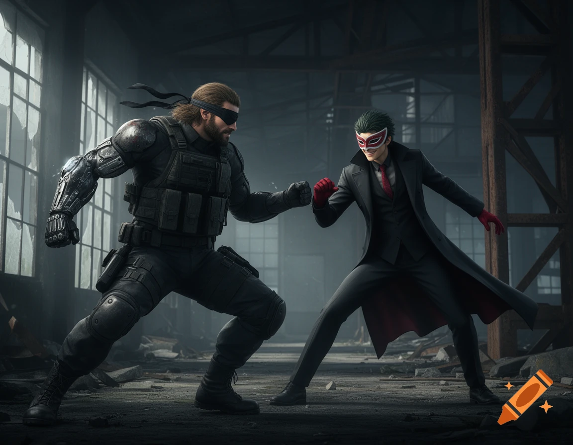 Punished Snake with bionic arm confronts Joker in a mask and suit in a gritty, ruined industrial setting.