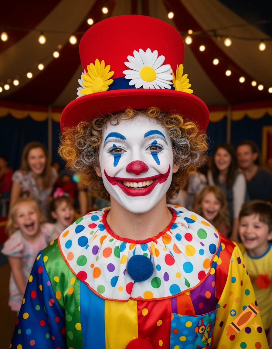Smiling clown in a red top hat with flowers and a colorful polka dot costume in a lively circus tent.