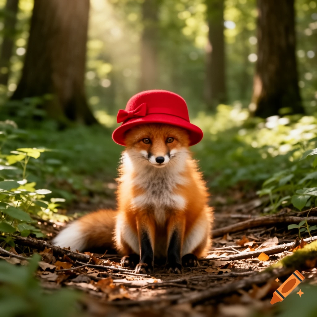 A cute red fox wearing a red hat with a bow, sits on a sunlit forest ...