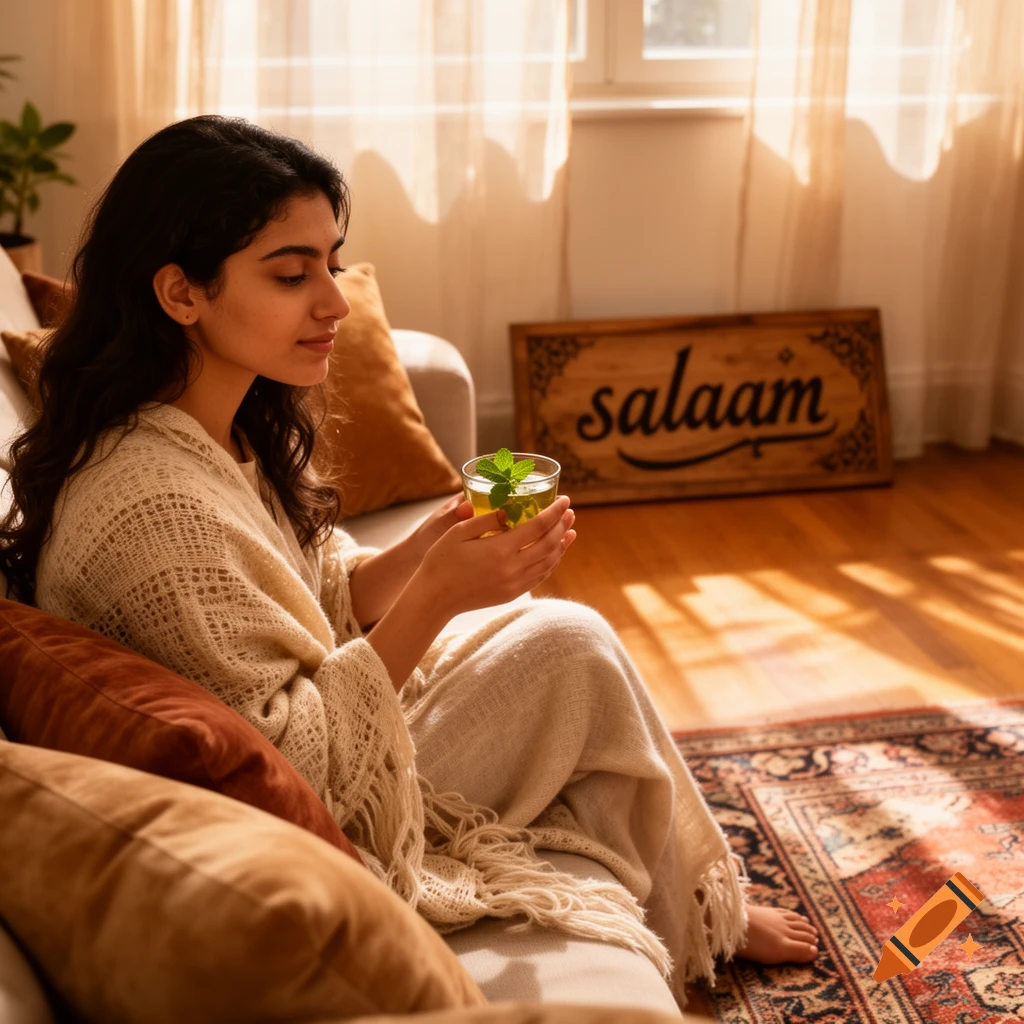 A young woman sits on a couch in a sunlit room, holding a glass of mint tea. A 'salaam' sign is on the wall.