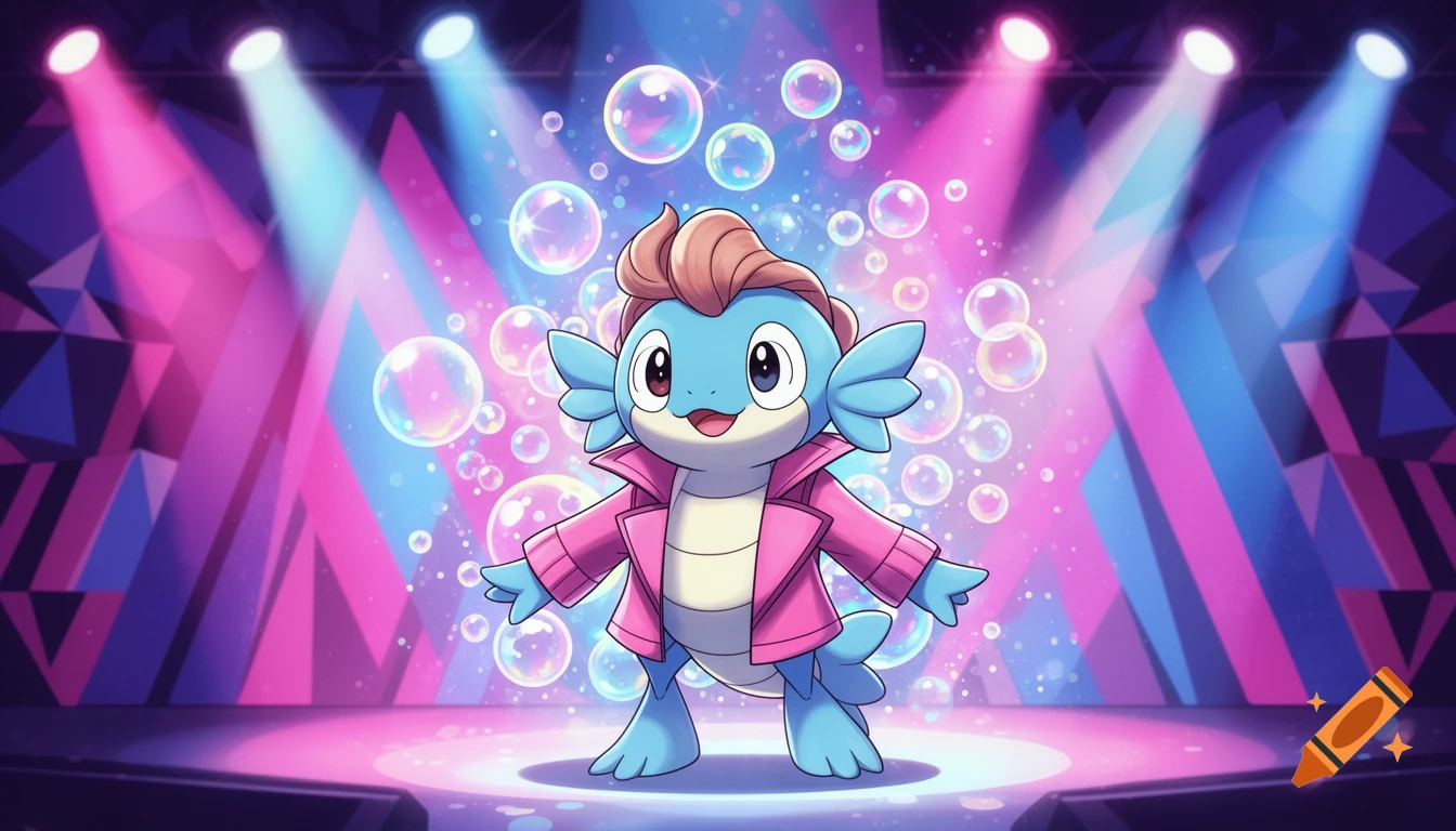 A cute blue Pokemon-like creature in a pink jacket with a pompadour on a stage with pink and blue spotlights, surrounded by bubbles.