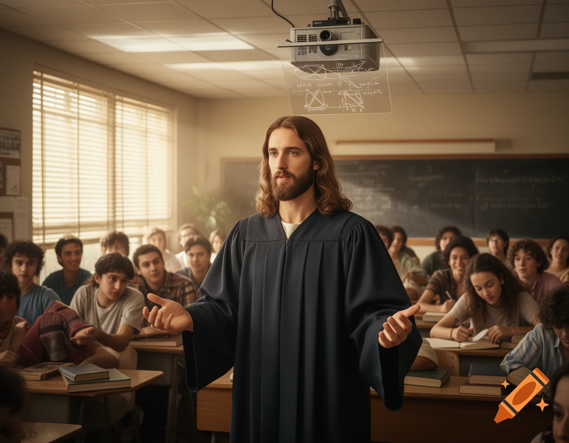Jesus Christ, wearing a graduation robe, stands in a 1980s classroom, gesturing while students look on, with an overhead projector displaying diagrams.