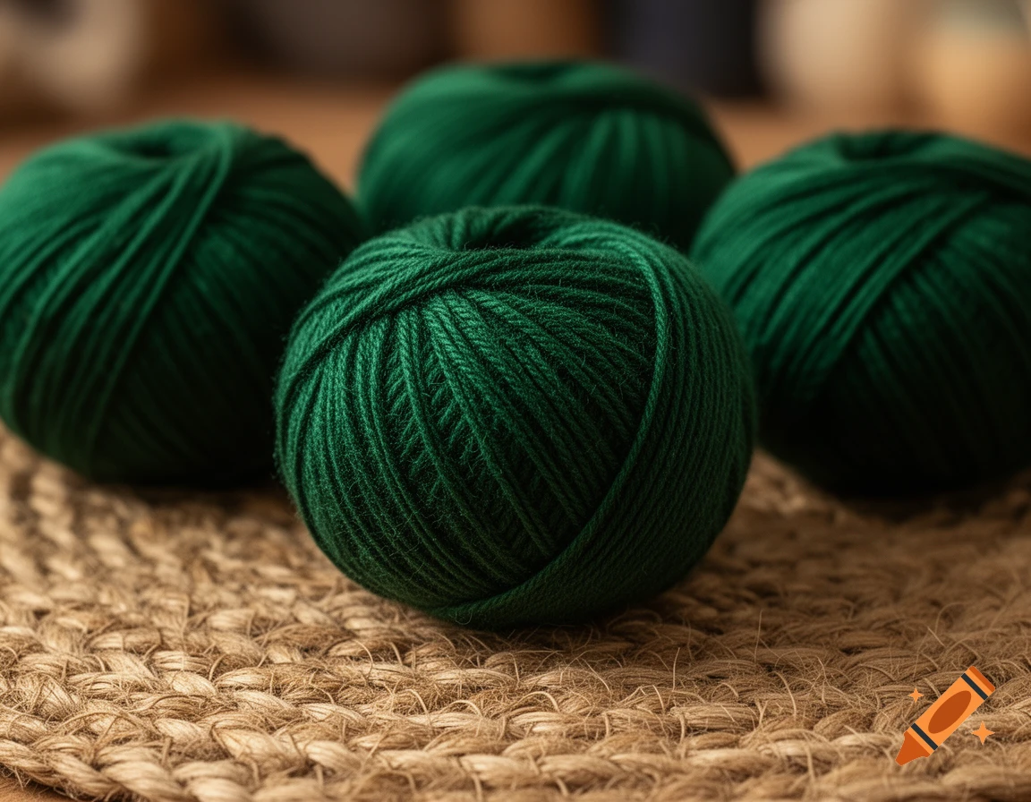 Four emerald green yarn balls sit on a textured jute mat.