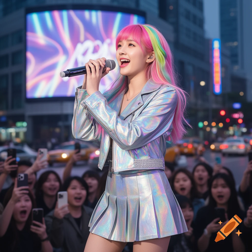 A woman with multi-colored hair in a holographic outfit sings into a microphone on an outdoor stage in a city, with a crowd and large screen behind her.