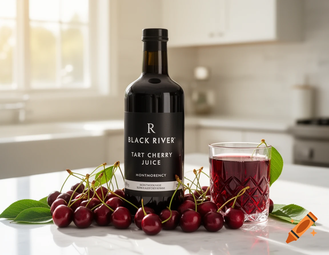 A dark glass bottle of Black River tart cherry juice and a glass of juice on a white marble counter, surrounded by fresh Montmorency cherries with stems and leaves, in a bright kitchen with natural light.