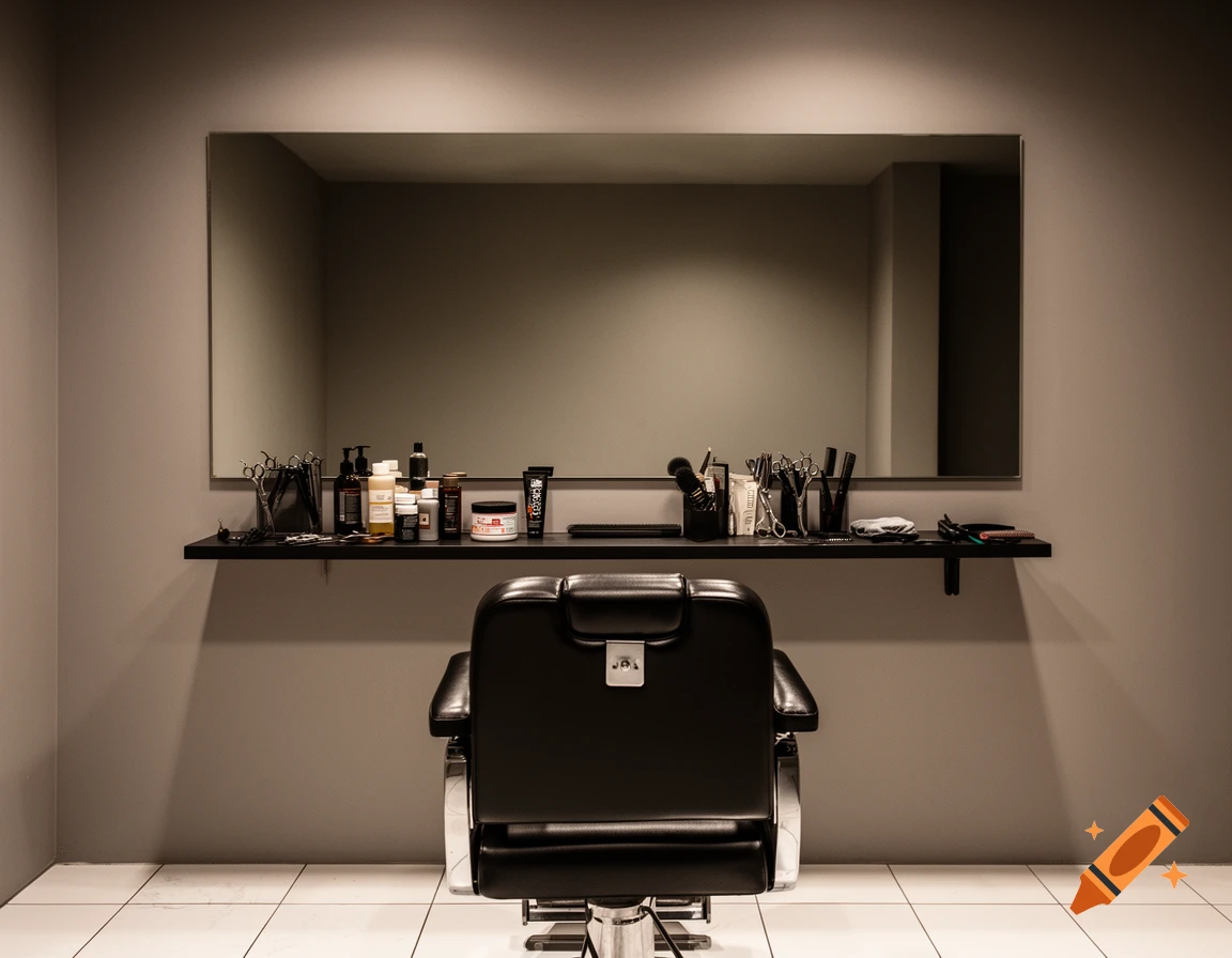Photorealistic image of a barbershop interior with a black barber chair, a mirror, and various barber tools on a shelf.