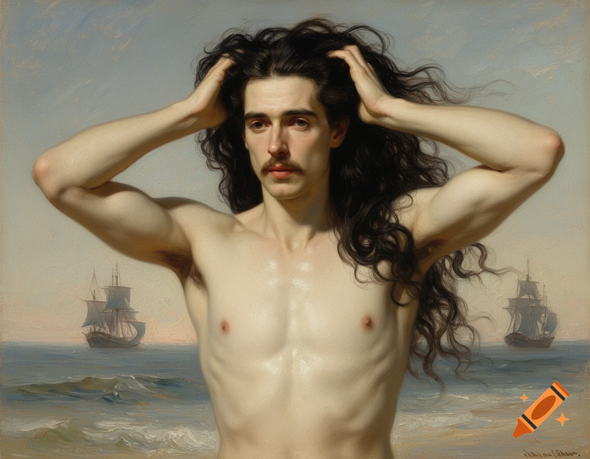 An oil painting of a shirtless man with long dark hair, running his hands through his hair on a beach with ships.