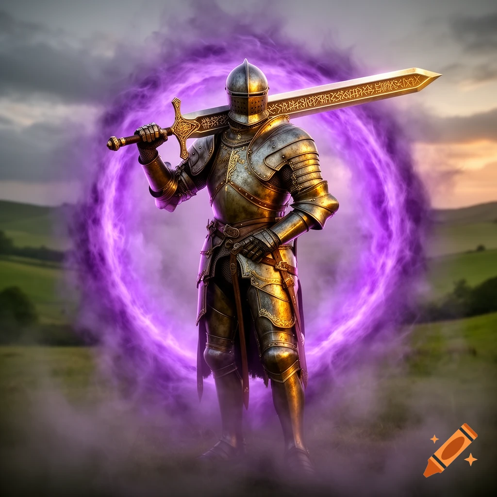 A knight in gleaming armor stands within a swirling purple portal, holding a large, ornate sword over his shoulder in a grassy field.