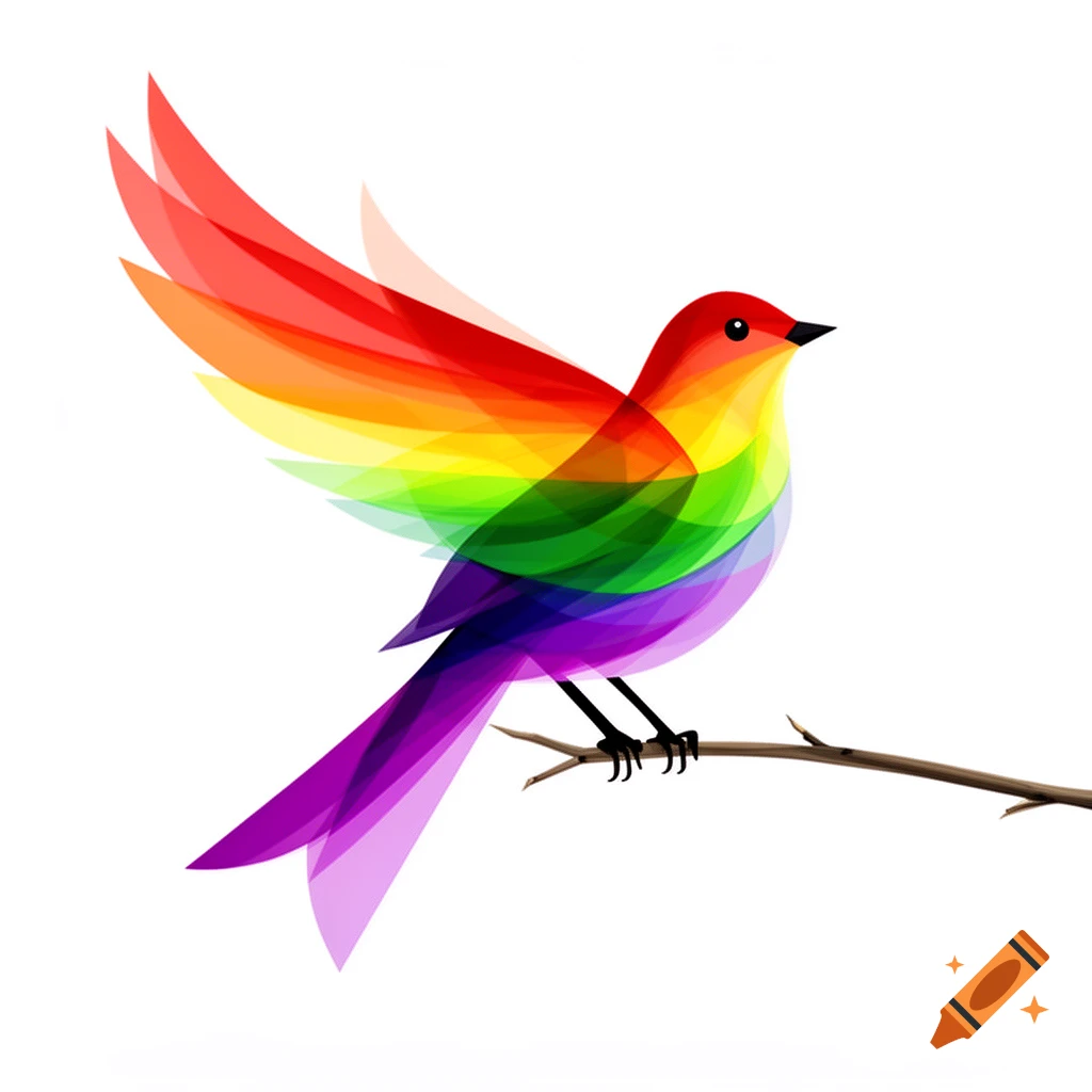 A colorful, minimalist rainbow bird with layered, translucent wings perched on a branch.