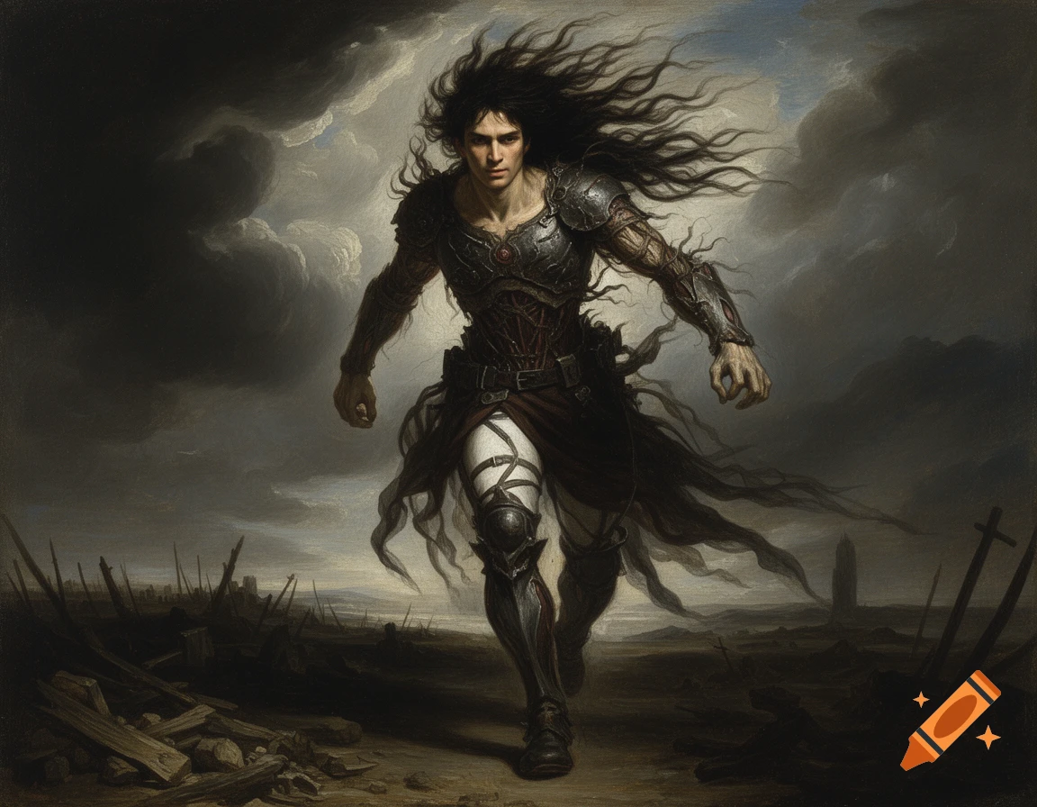 A dramatic painting of an armored, long-haired male figure striding through a desolate, stormy landscape with ruins.