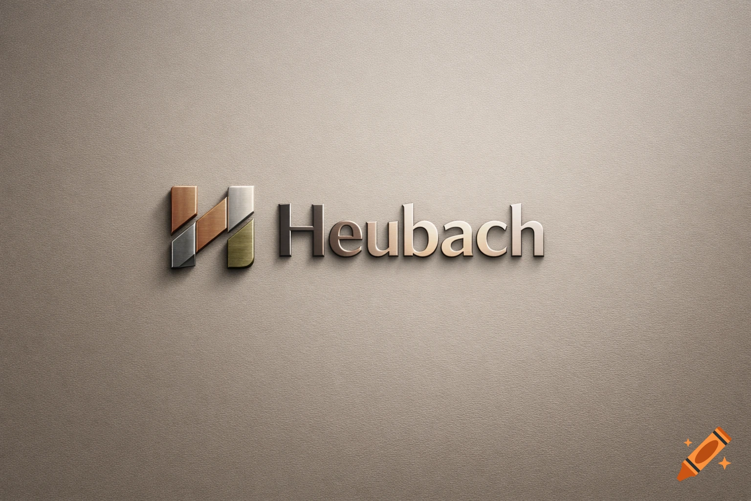 3D metallic Heubach logo and symbol on a textured beige wall.