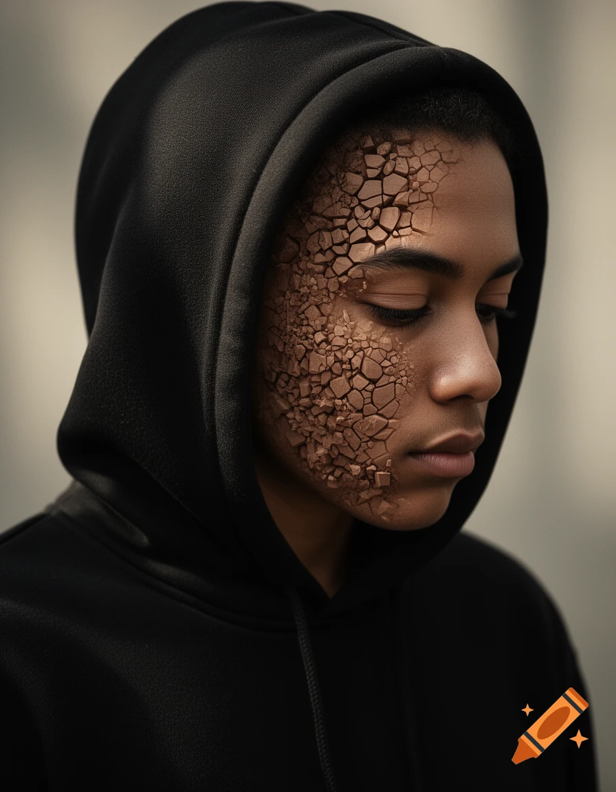 Photorealistic portrait of a person in a black hoodie with one side of their face cracked and crumbling like dry earth.