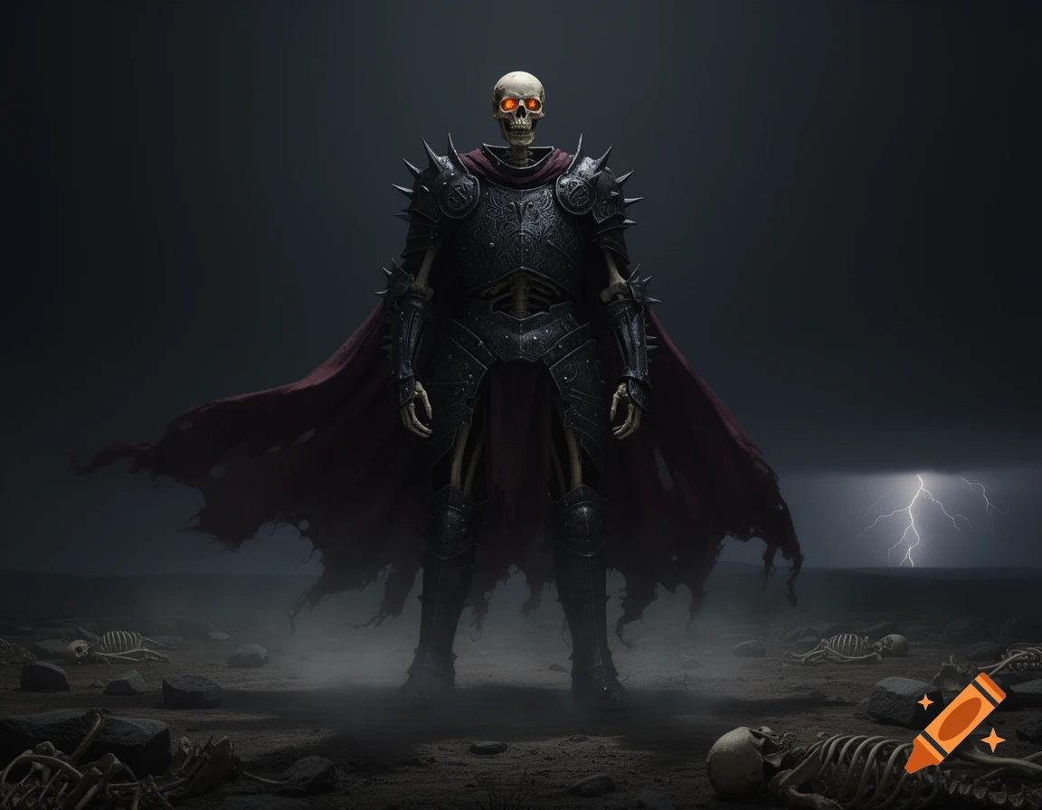 A dark skeleton knight with glowing red eyes in ornate armor and a tattered red cape stands in a foggy, bone-strewn wasteland under a stormy sky.