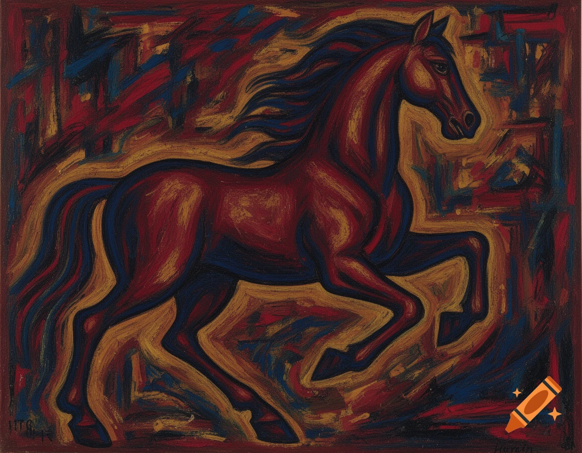 Abstract painting of a horse in mid-stride, rendered with bold strokes of red, blue, and gold, in a style reminiscent of M. F. Husain.