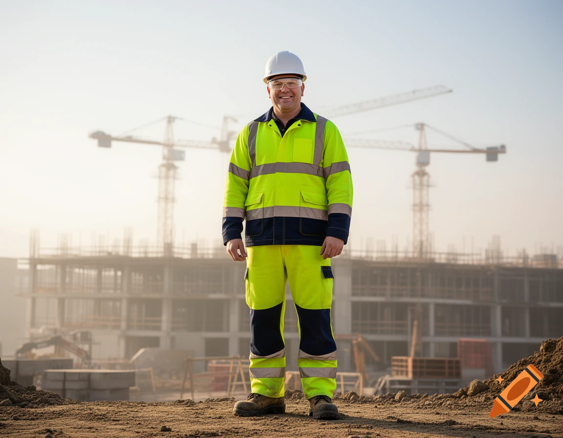 A smiling construction worker in a white hard hat and hi-vis gear stands on a dirt ground at a construction site with cranes in the background.