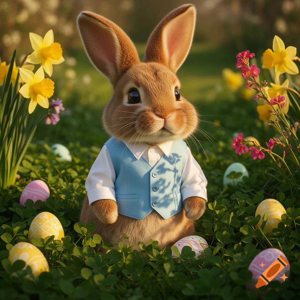 A cute photorealistic brown rabbit wearing a white shirt and blue vest sits in green grass among colorful Easter eggs and yellow daffodils.
