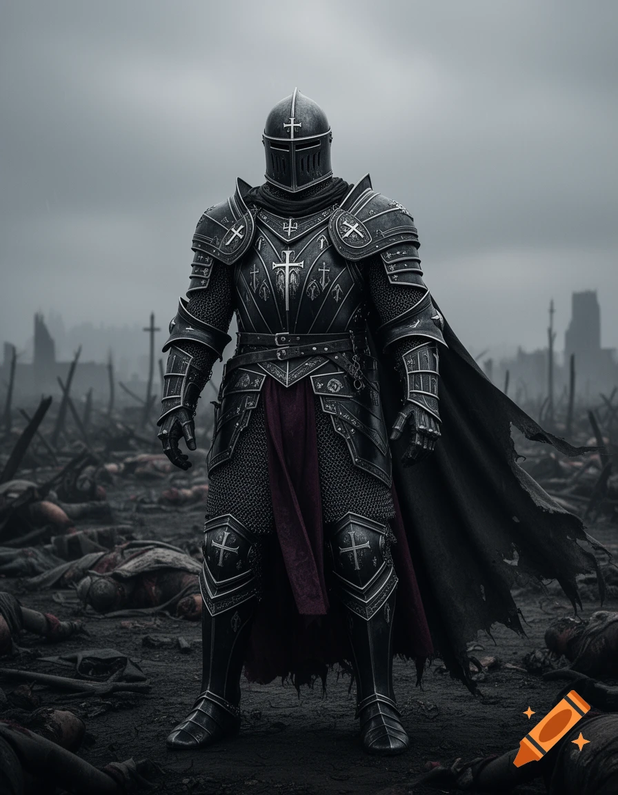 A formidable knight in dark, ornate armor stands on a desolate, war-torn battlefield beneath a stormy sky.