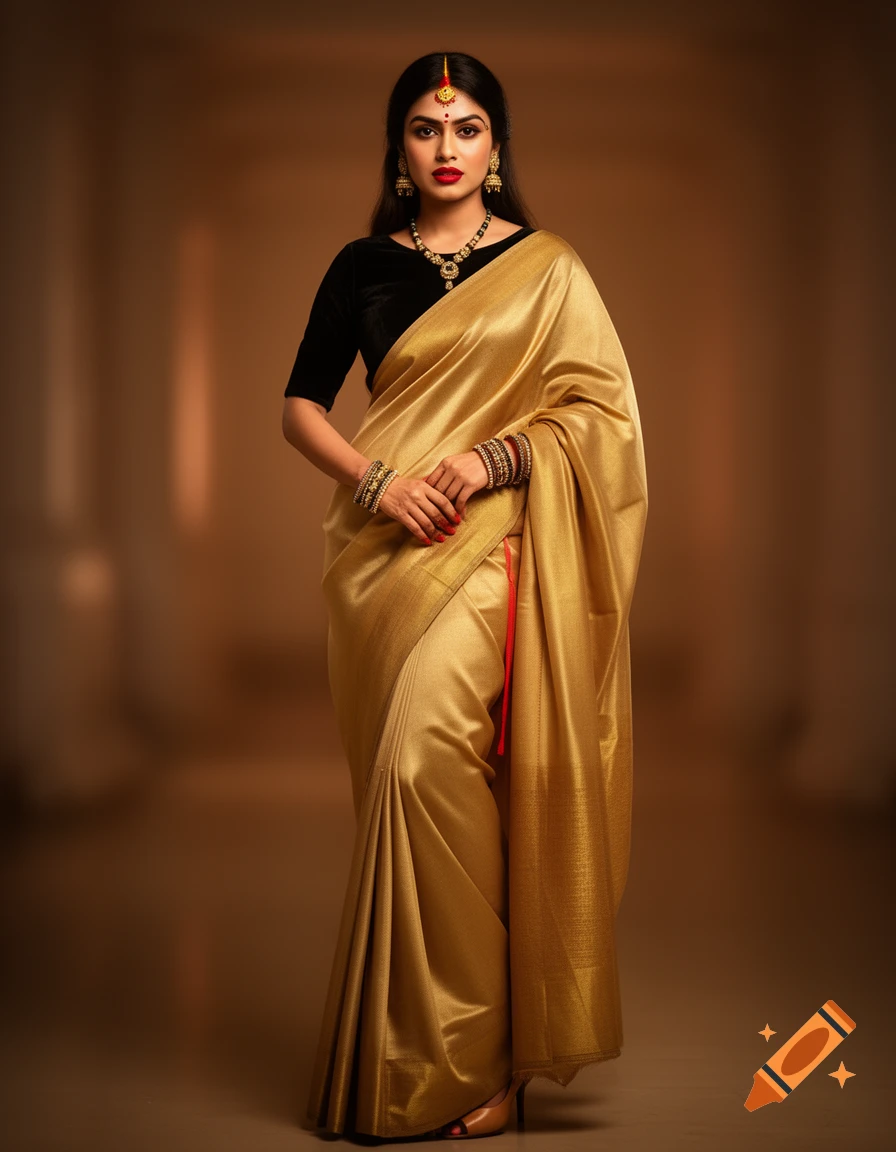 A beautiful South-Asian woman stands elegantly, wearing a golden silk saree, black blouse, and traditional jewelry, against a warm brown background.