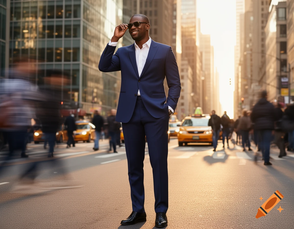 A smiling Black man in a blue suit and sunglasses stands on a busy city ...